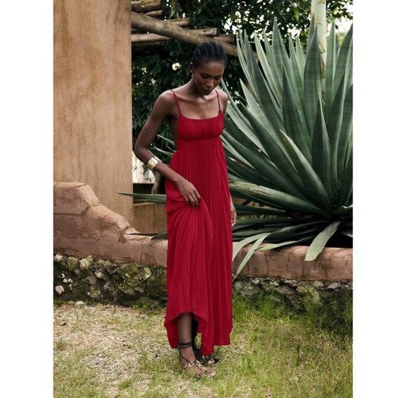 Red Pleated Maxi Babydoll Dress Open Back Flowy Skirt Tie Straps Lined - Picture 7 of 10